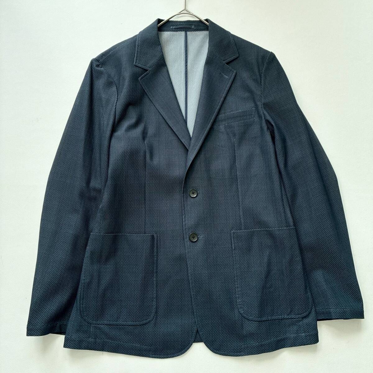 【LL/極美品】PSFA Perfect Suit Factory パーフェクトスーツファクトリー テーラードジャケット メッシュ調 ストレッチ ネイビー