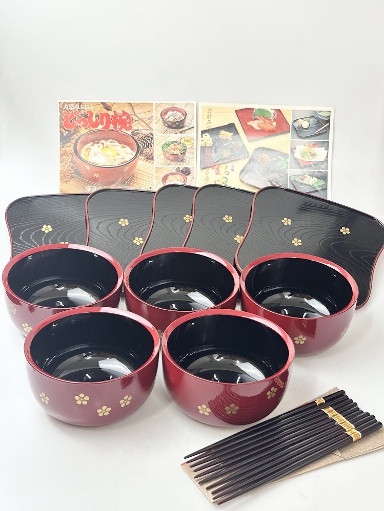 輪島塗 どっしり椀 銘々盆 箸 5客 セット 久子両面盆付 宝生椀 梅鉢 梅花文 お祝い 和食器 漆器 椀 盆 未使用保管品
