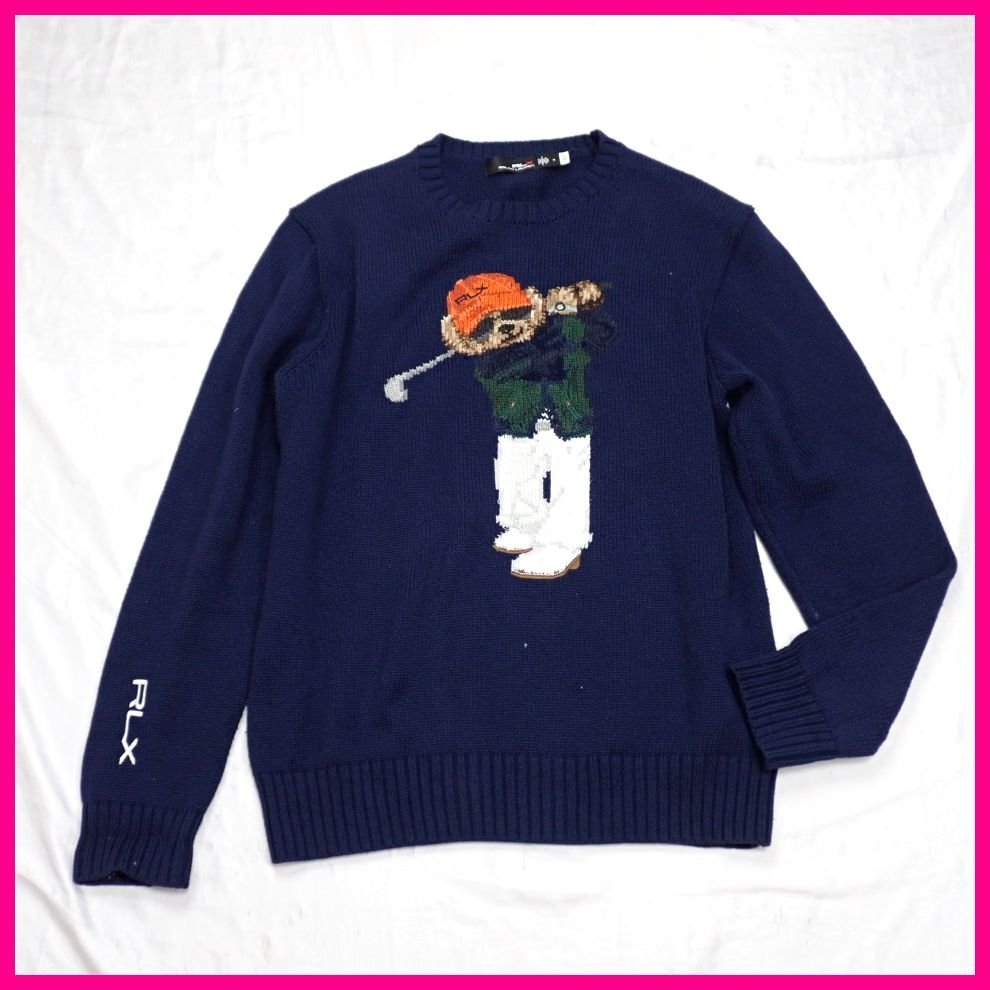 ★RLXラルフローレン ポロベア ニットセーター メンズM/ダークネイビー/コットン他/クルーネック/ゴルフウェア&1926500246