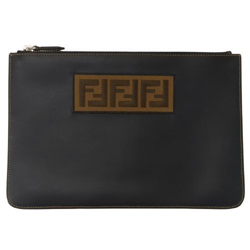 FENDI フェンディ クラッチバッグ セカンドバッグ ポーチ ズッガ ロゴ レザー ブラック 黒系 シルバー金具 7N0078