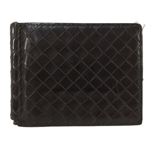 BOTTEGA VENETA ボッテガ・ヴェネタ マネークリップ イントレチャート レザー ブラウン 茶系 ブラック金具 カードケース スリム メンズ