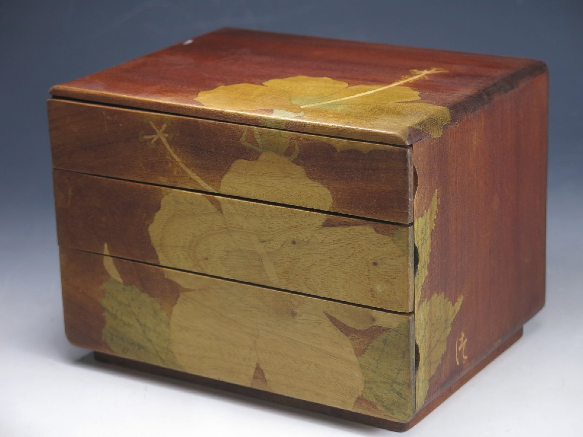 在銘 木製 小引出 花文様 ハイビスカス 古民具 小物入 作家物 木工芸 417