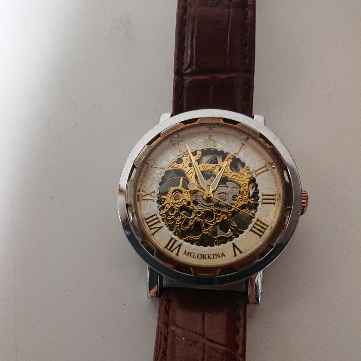 MG.ORKINA 手巻き スケルトン メンズ バンド破れあり【1-122809-】巻いて動作確認済み