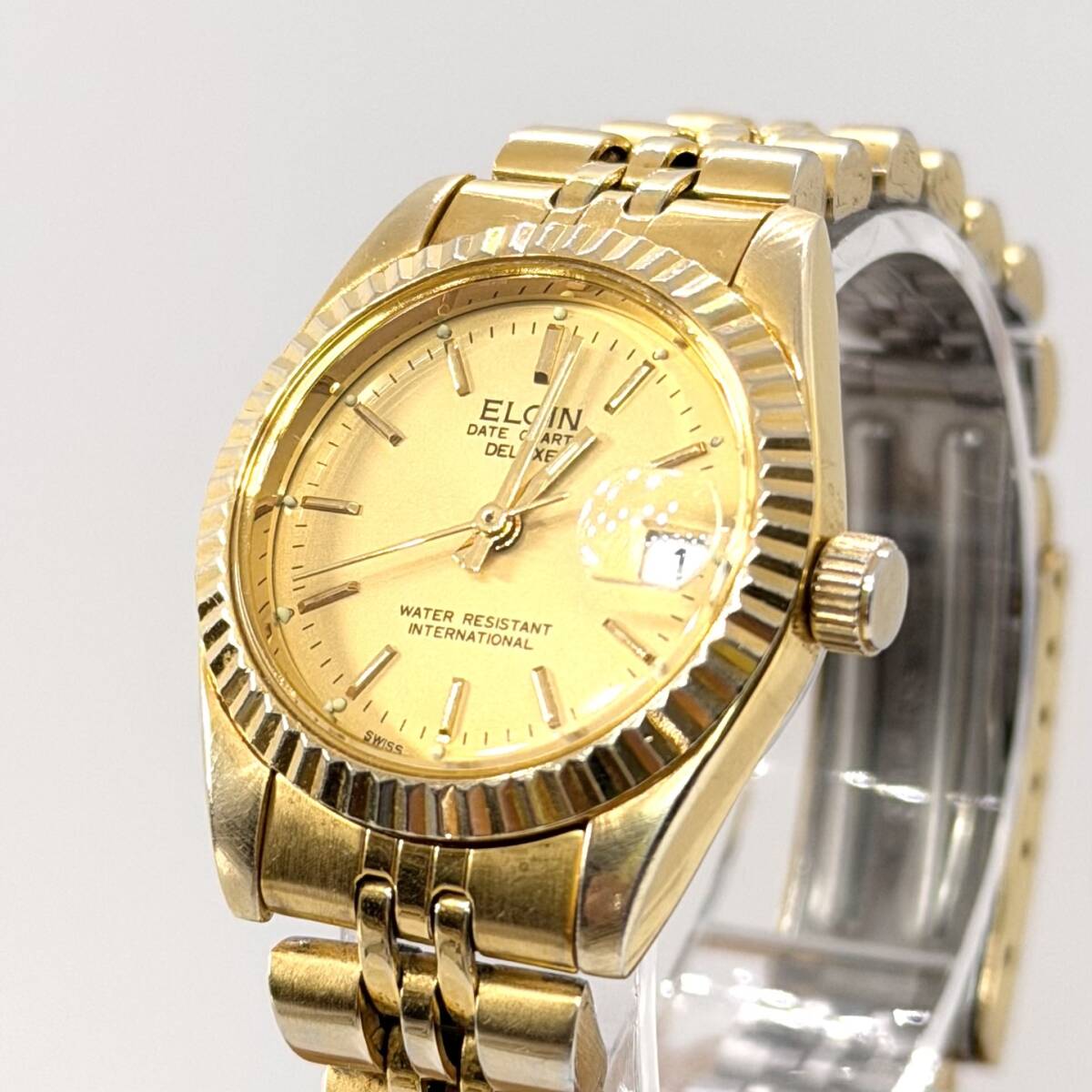 [新品電池稼働] ELGIN DATE QUARTZ DELUXE エルジン ゴールド クォーツ メタルベルト アナログ デイト 3針 レディース