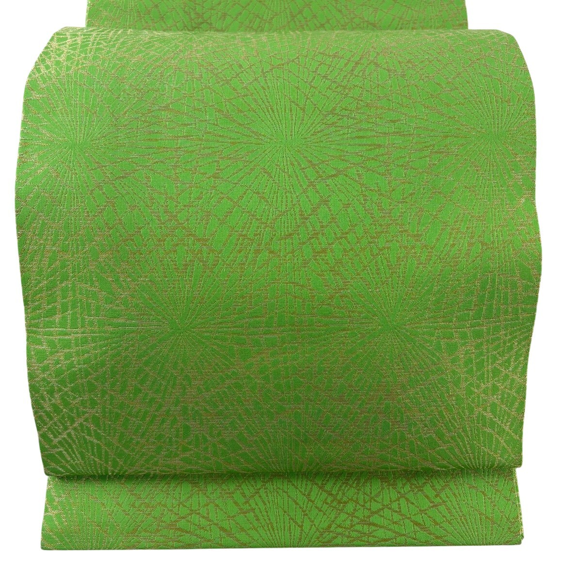 【美品】 開き名古屋帯 名品 龍村美術織物 比翼仕立て 幾何学模様 金銀糸 黄緑色 正絹 【中古】