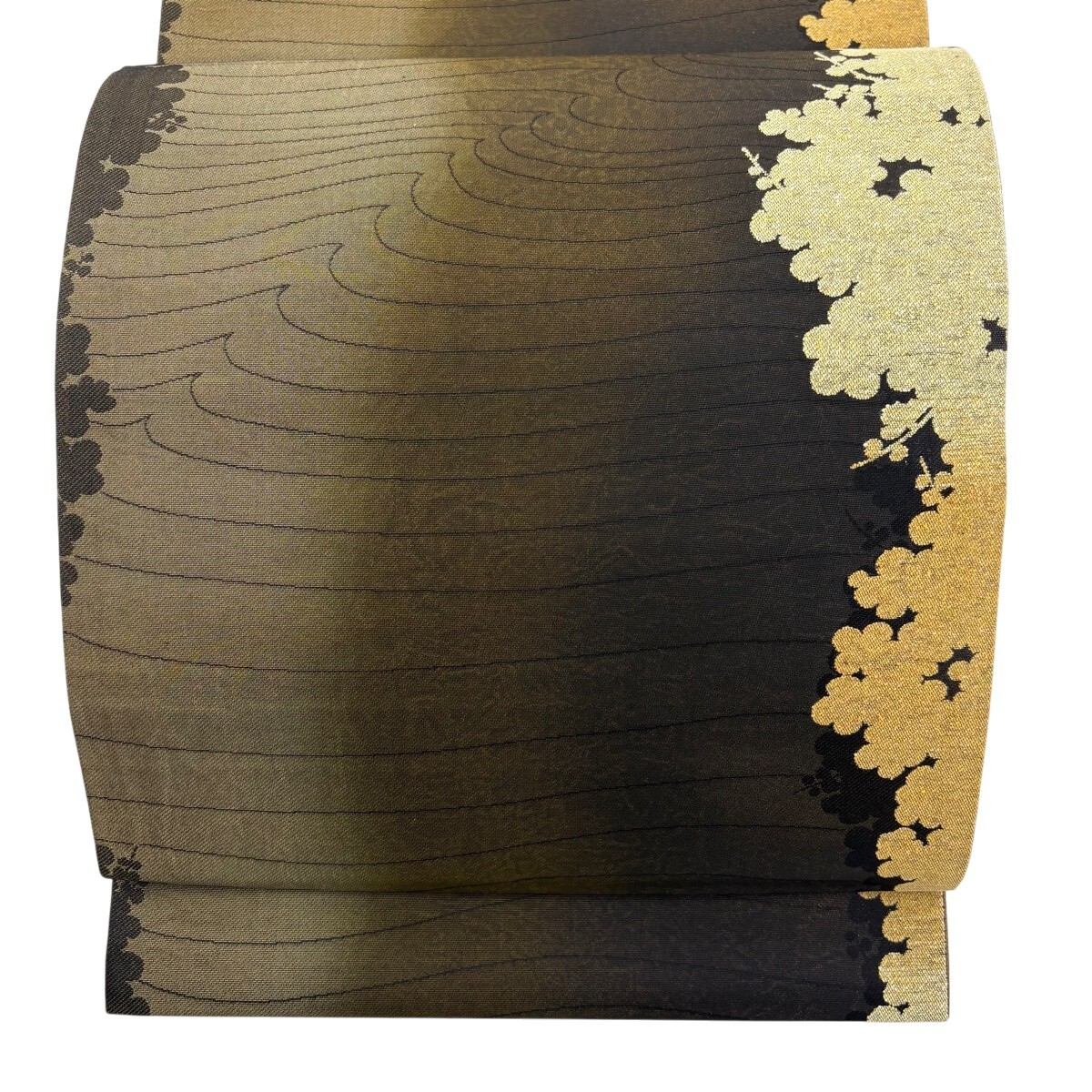 【美品】 袋帯 秀品 シルエット よろけ縞 箔 金彩 茶緑色 六通 正絹 【中古】