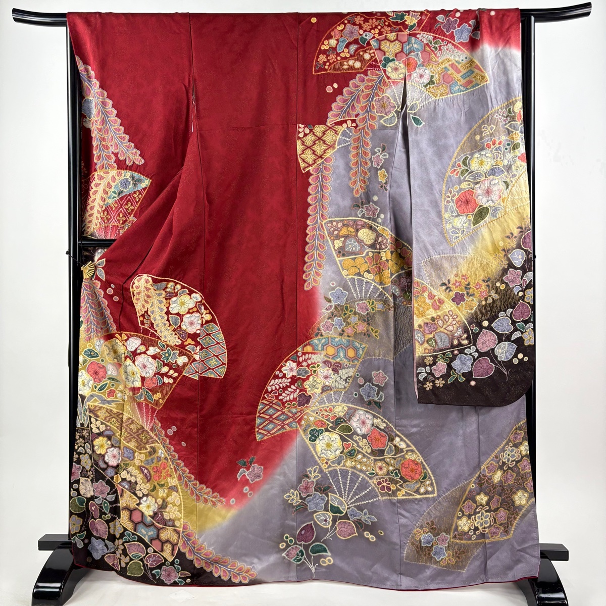 振袖 身丈168.5cm 裄丈66.5cm M 袷 扇 辻が花 金通し ぼかし 赤 正絹 名品 【中古】
