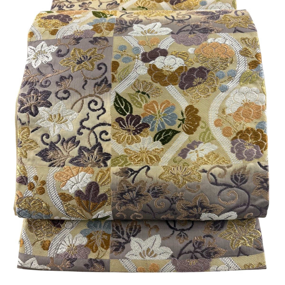 袋帯 秀品 花唐草 立涌 唐織 金糸 灰紫 六通 正絹 【中古】