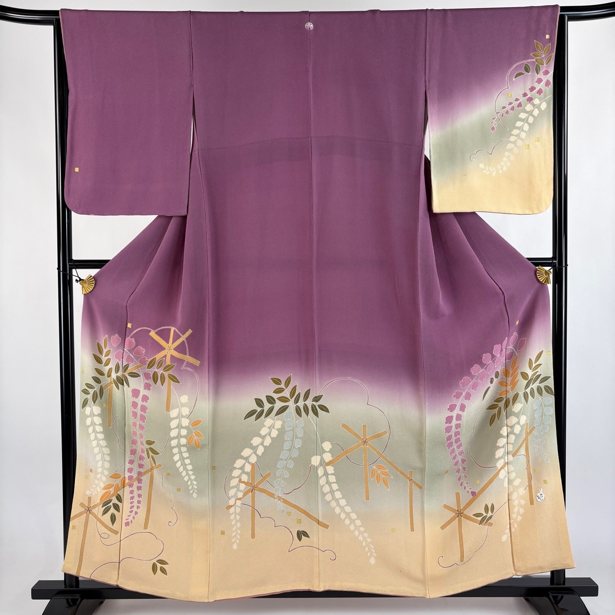 付下げ 身丈159cm 裄丈65cm M 袷 ホリヒロシ 鈴乃屋 落款 藤 垣根 金彩 ぼかし 紫 正絹 逸品 一つ紋 【中古】
