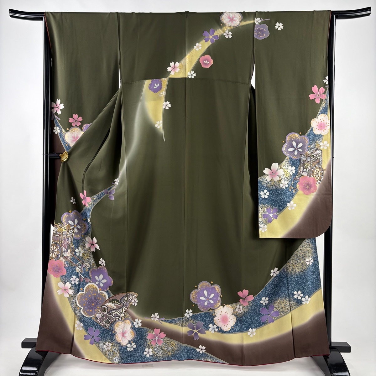 【美品】 振袖 身丈164cm 裄丈64.5cm M 袷 御所車 梅 刺繍 金糸 茶緑色 正絹 秀品 【中古】