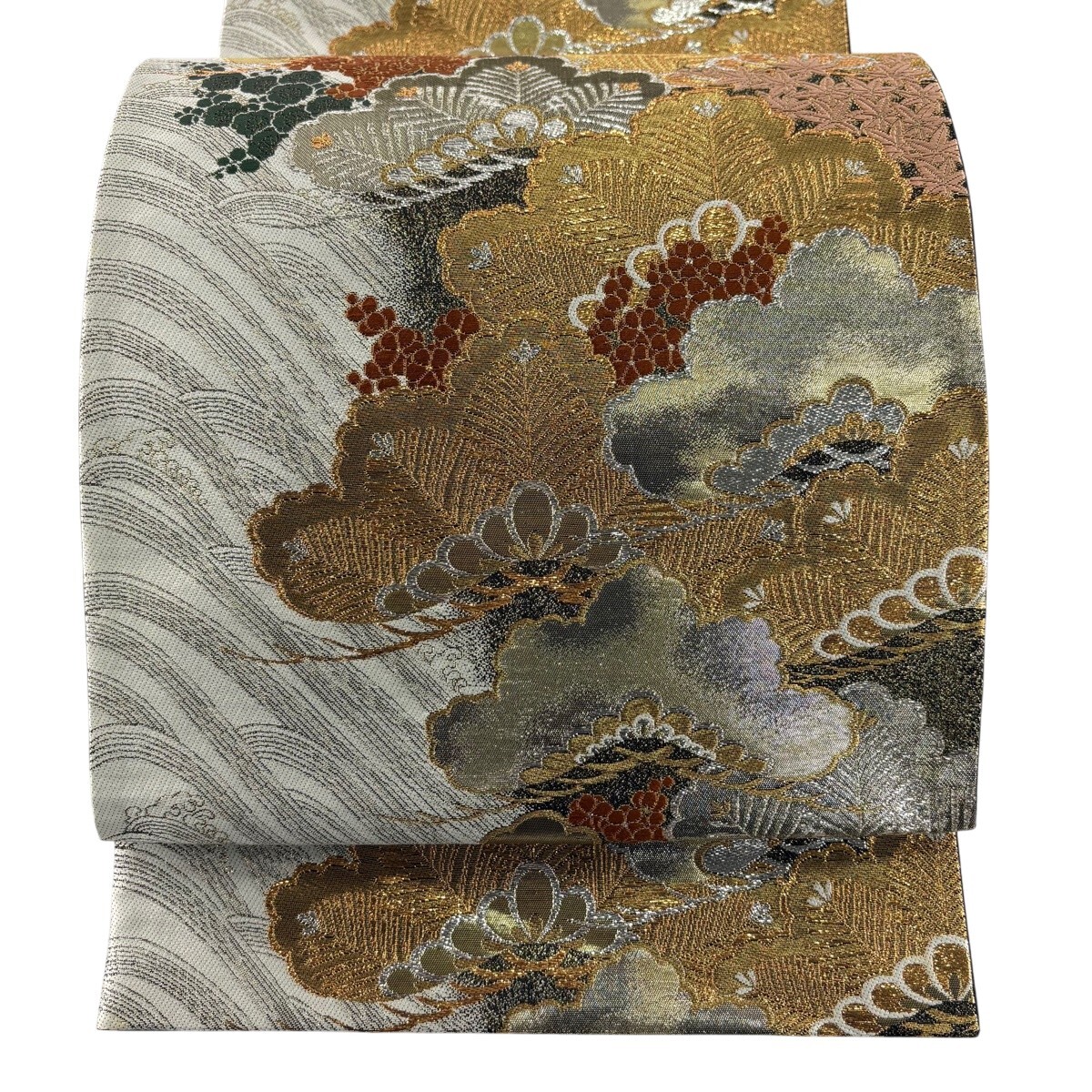 【美品】 袋帯 秀品 青海松重文 笠松 波 箔 金銀糸 灰白 六通 正絹 【中古】
