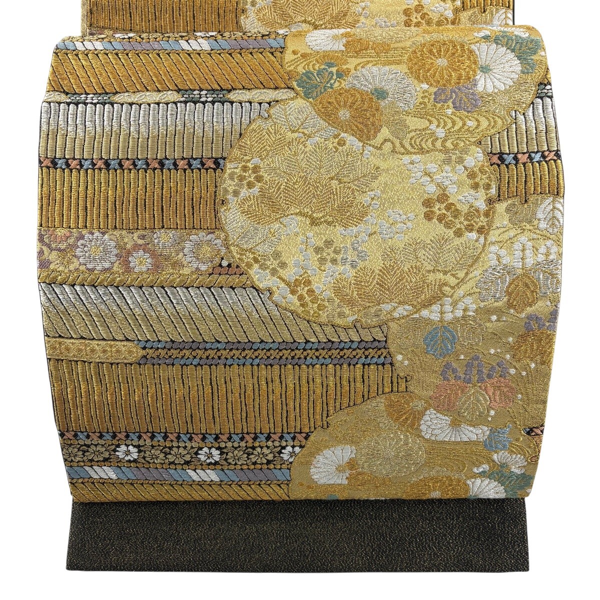 【美品】 袋帯 名品 雪輪 鎧威 金銀糸 箔 金色 六通 正絹 【中古】