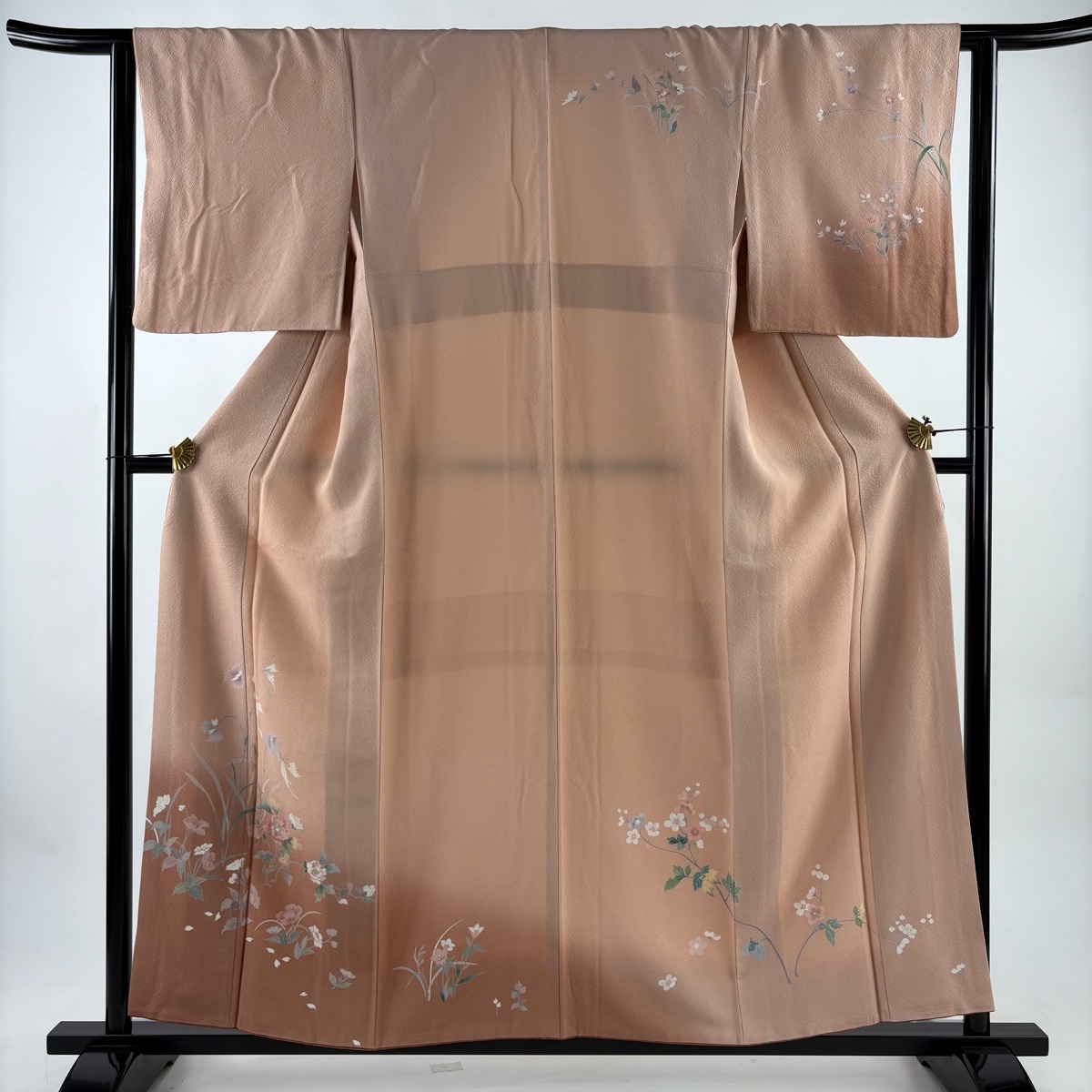 付下げ 身丈156cm 裄丈63cm S 袷 鷺草 草花 ぼかし 薄オレンジ 正絹 秀品 【中古】