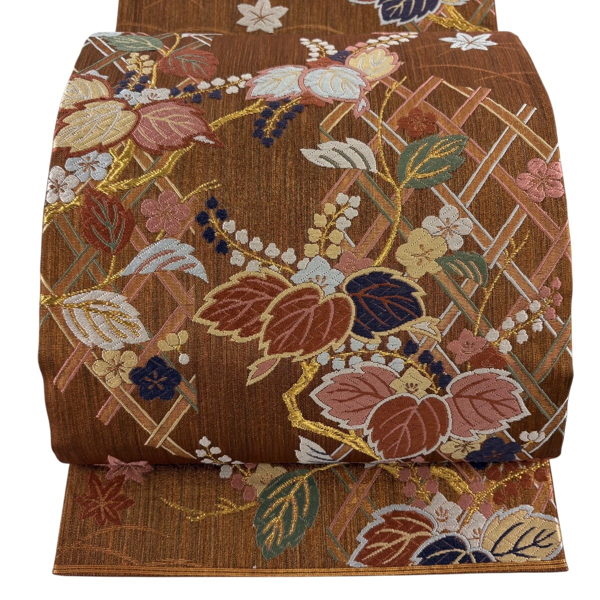 袋帯 秀品 桐 楓 唐織 金糸 赤茶 六通 正絹 【中古】