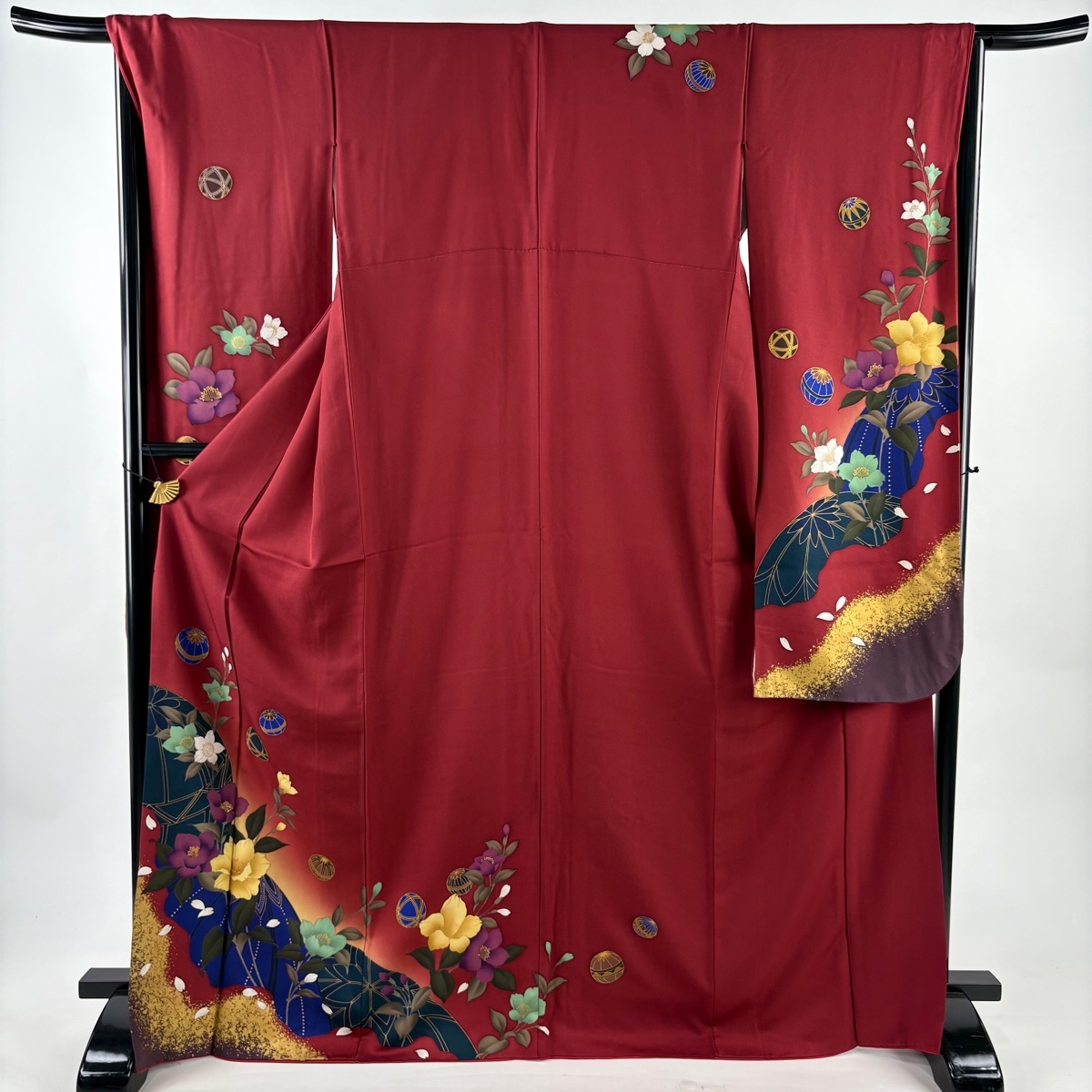 振袖 身丈168cm 裄丈66cm M 袷 草花 手鞠 金彩 箔 赤茶 正絹 秀品 【中古】