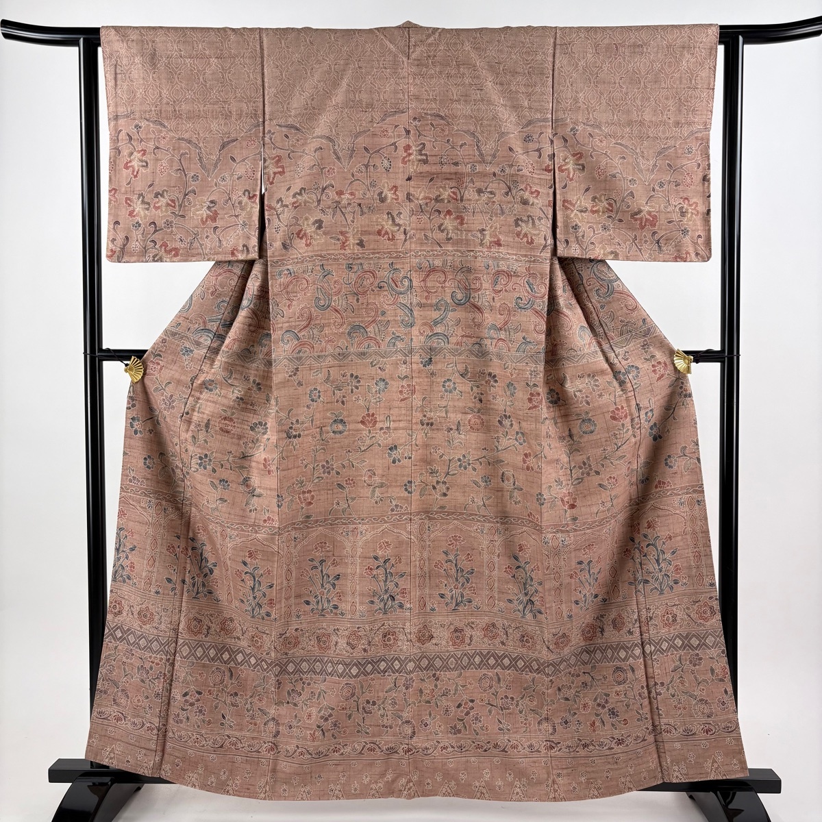 【美品】 付下げ 身丈162.5cm 裄丈62.5cm S 袷 紬地 菱 草花 薄茶色 正絹 秀品 【中古】