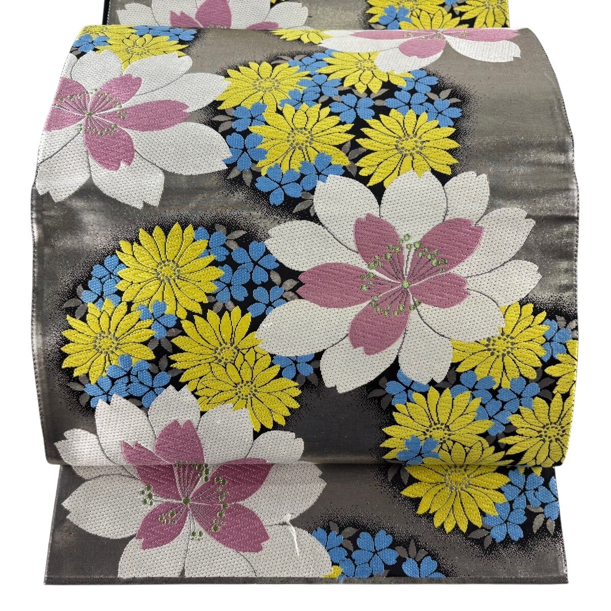 袋帯 秀品 振袖向き 桜 菊 箔 銀色 六通 正絹 【中古】