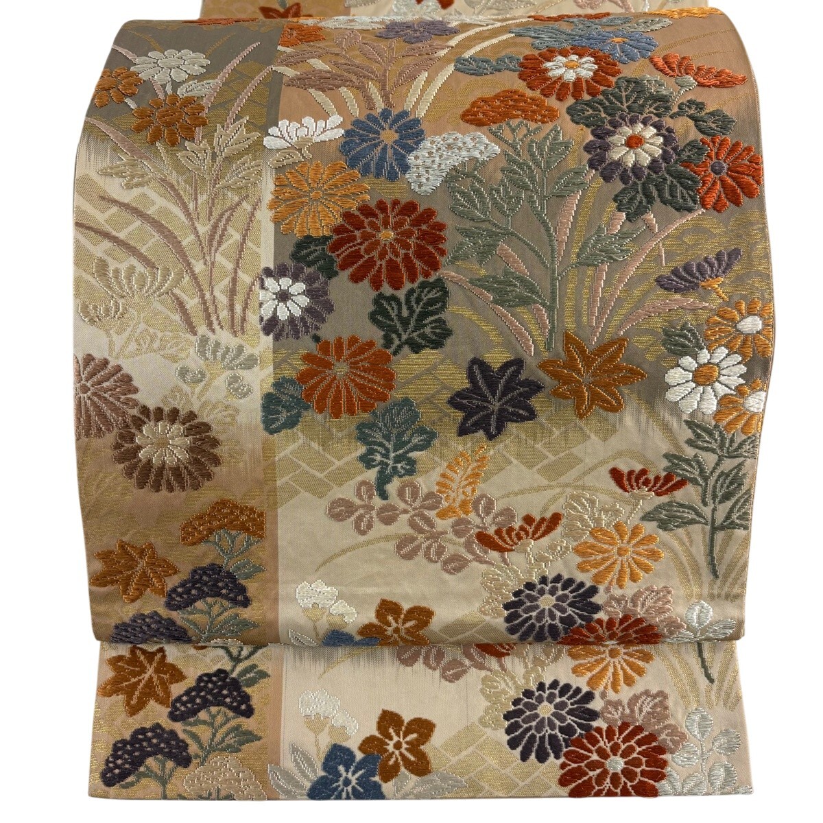 袋帯 秀品 秋草 金銀糸 唐織 灰茶 六通 正絹 【中古】