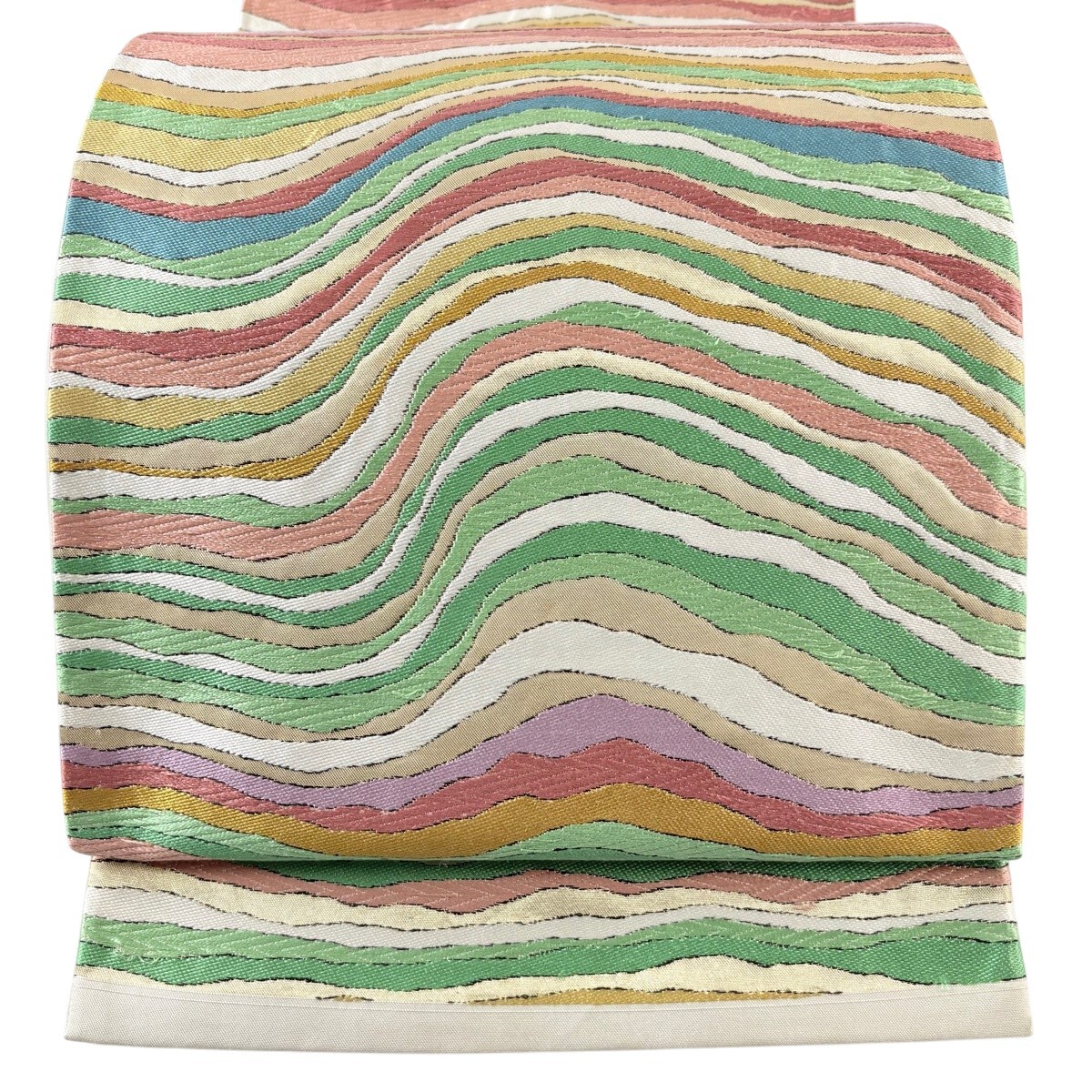 袋帯 秀品 関西仕立て 縞 刺繍 箔 緑 六通 正絹 【中古】