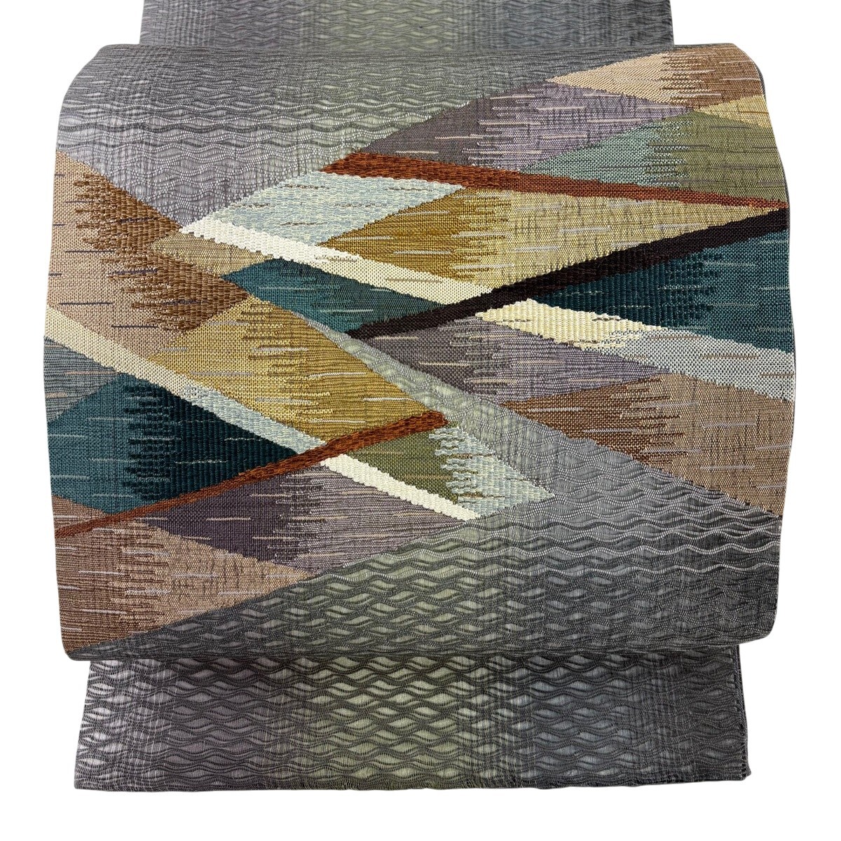 袋帯 秀品 幾何学模様 灰色 お太鼓柄 正絹 【中古】