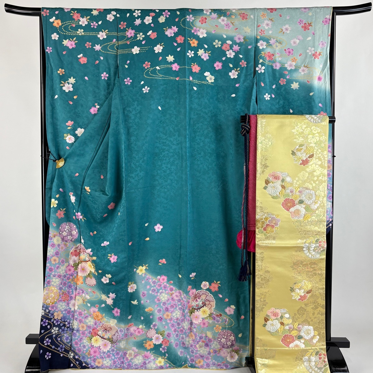 【美品】 振袖 身丈171cm 裄丈65cm M 袷 袋帯フルセット 鈴 草花 箔 金糸 青緑 正絹 秀品 【中古】
