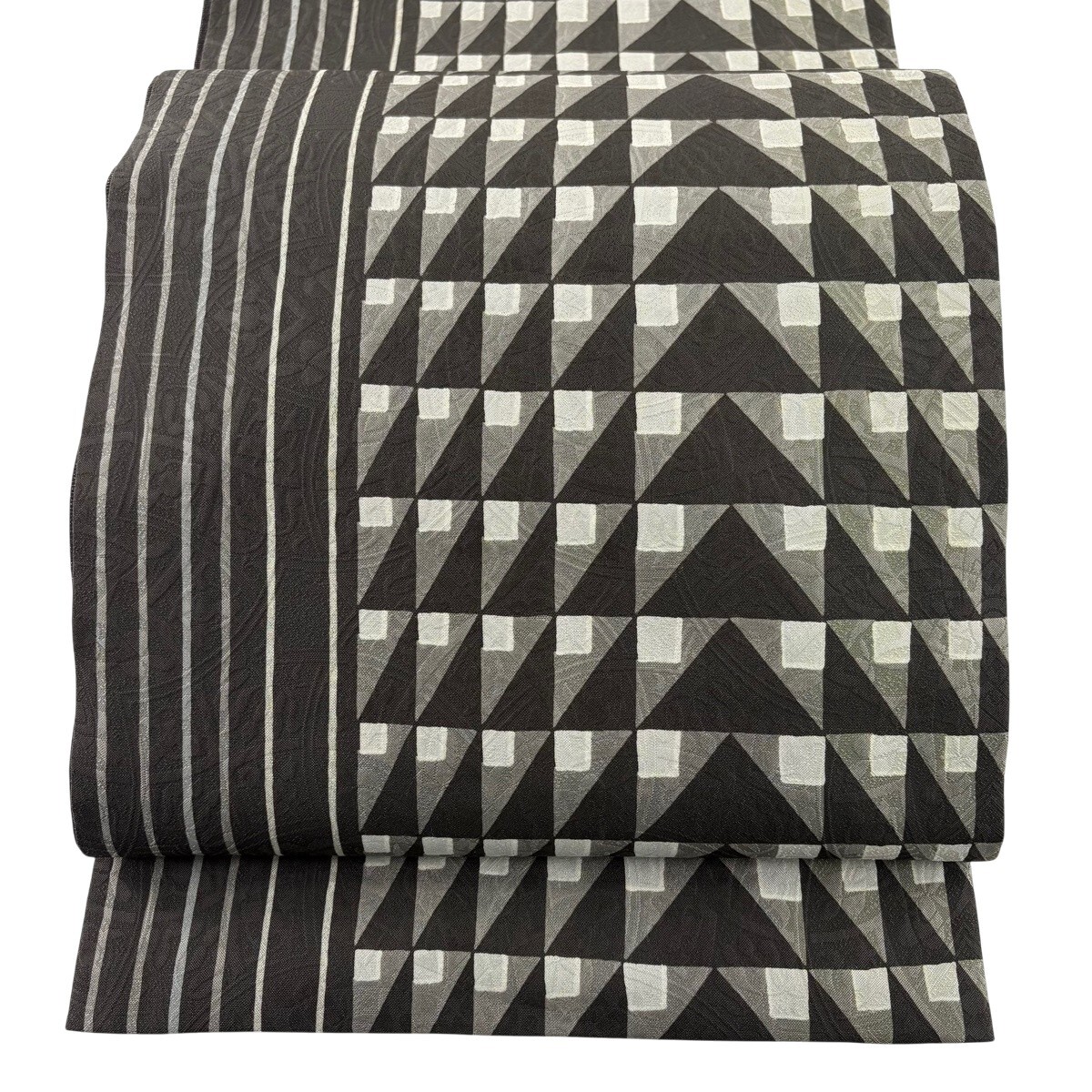 【美品】 袋帯 秀品 松煙染 鱗文 縞 墨色 全通 正絹 【中古】