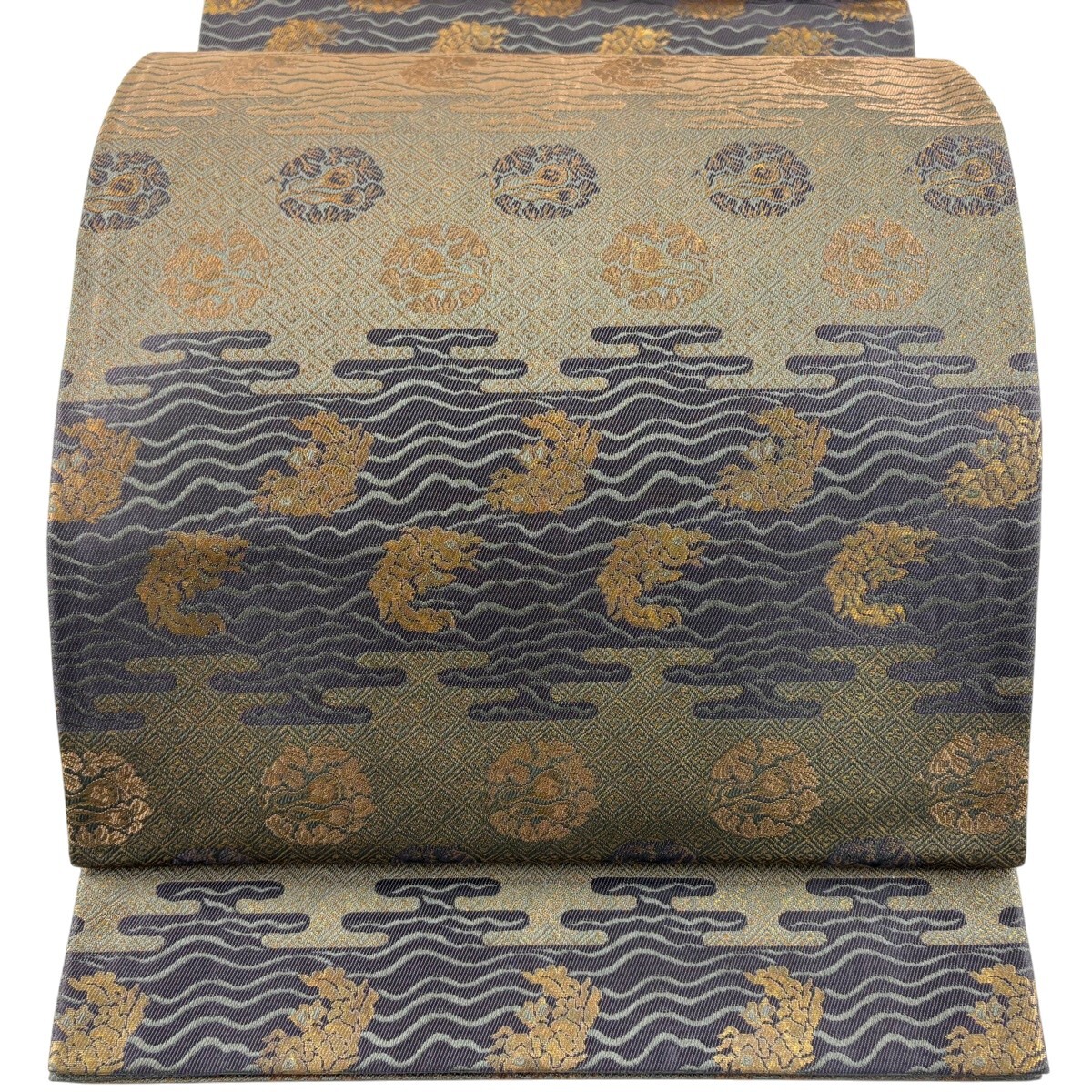 袋帯 秀品 荒磯 ヱ霞 箔 灰緑 六通 正絹 【中古】