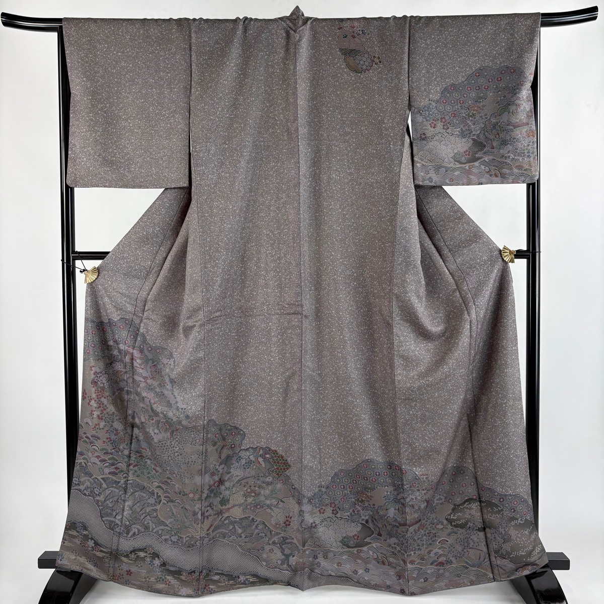 訪問着 身丈165cm 裄丈69.5cm L 袷 道長取り 草花 金通し 灰緑 正絹 名品 一つ紋 【中古】