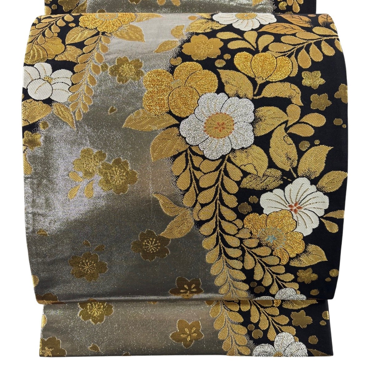 【美品】 袋帯 秀品 振袖向き 桜 金糸 箔 黒 六通 正絹 【中古】