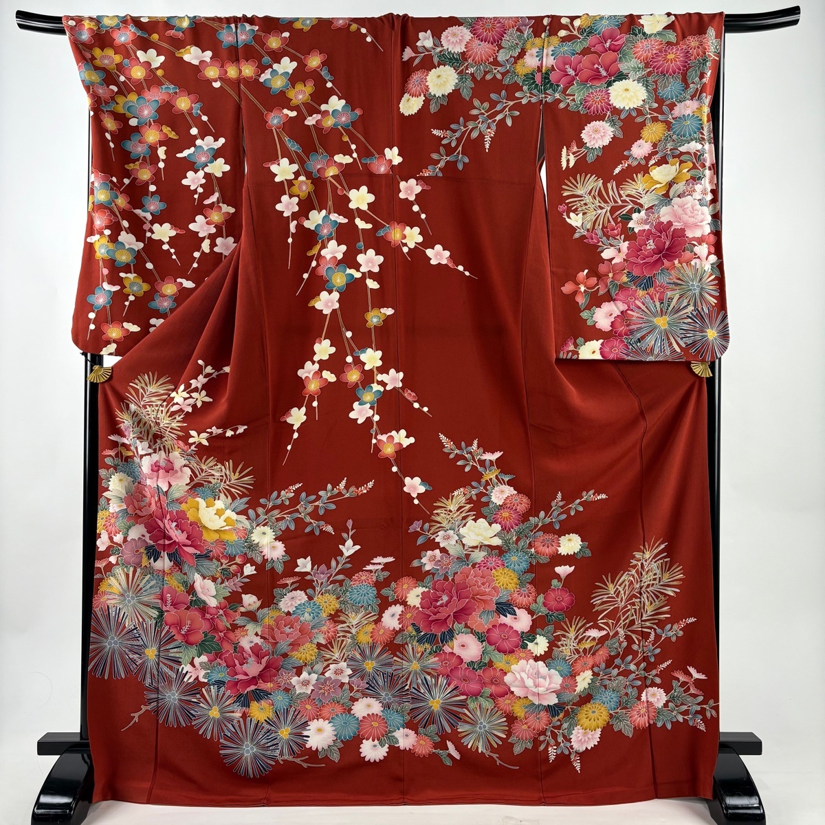 振袖 身丈174cm 裄丈70.5cm L 袷 二尺袖 牡丹 若松 赤茶 正絹 逸品 【中古】