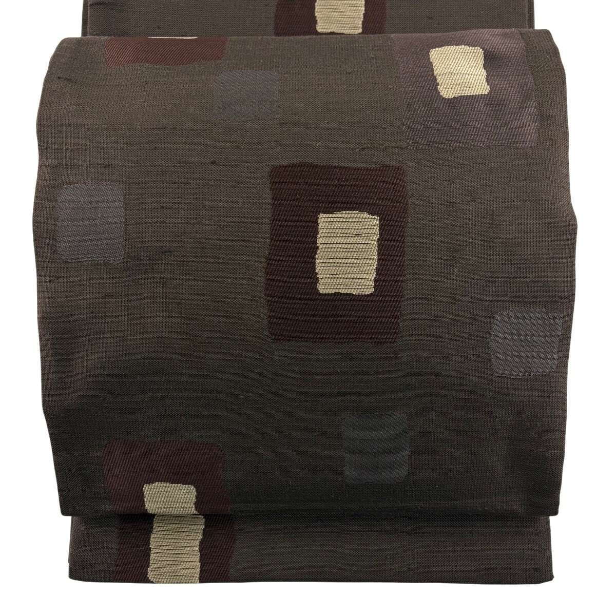 【美品】 袋帯 名品 落款 幾何学 茶紫 全通 正絹 【中古】