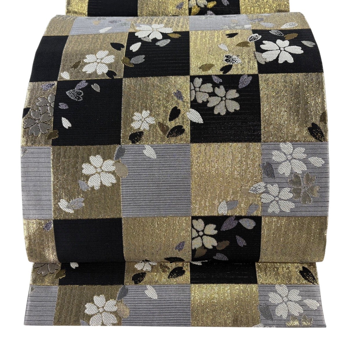 【美品】 袋帯 秀品 桜 市松 箔 刺繍 黒 六通 正絹 【中古】