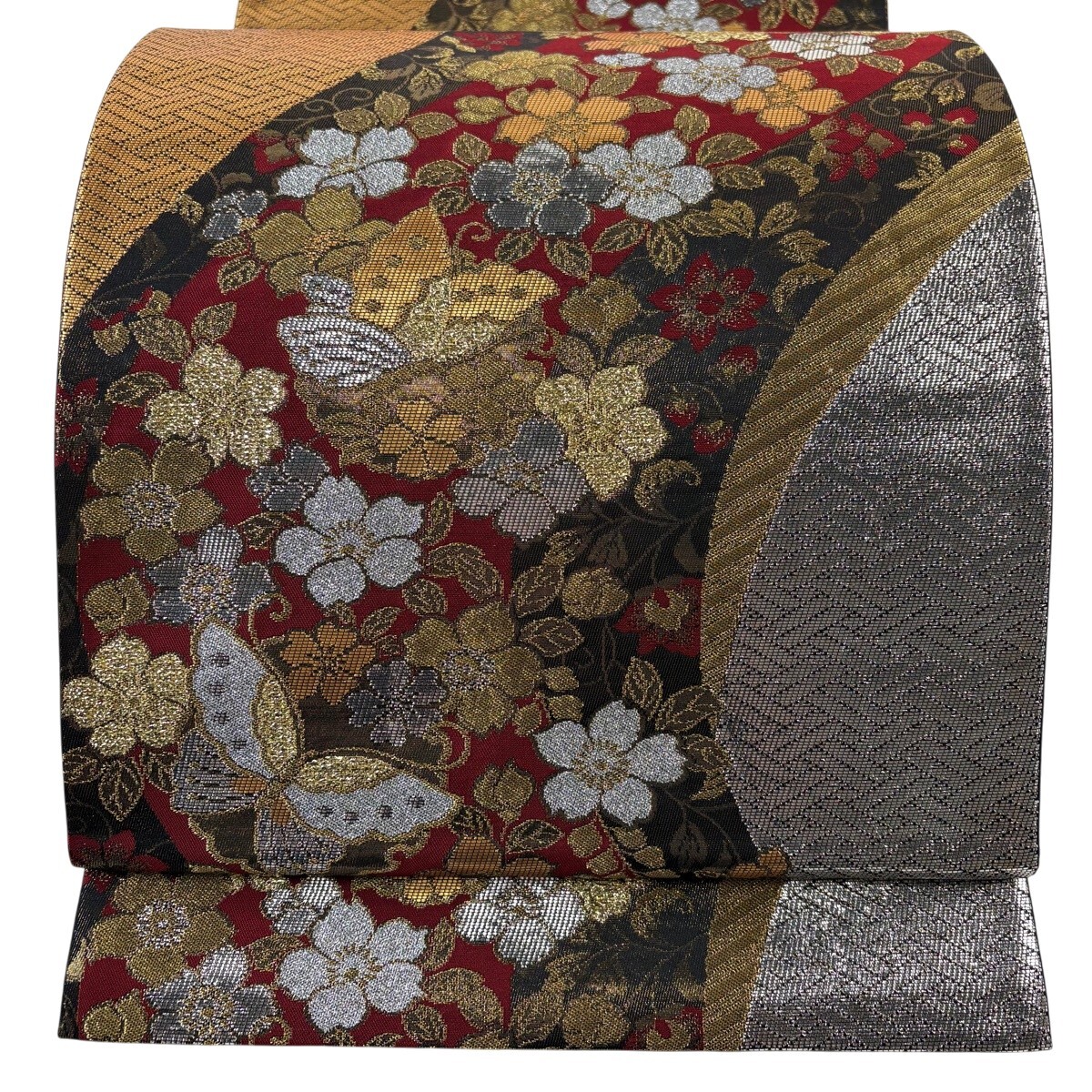 【美品】 袋帯 秀品 蝶 雪輪 箔 黒 六通 正絹 【中古】