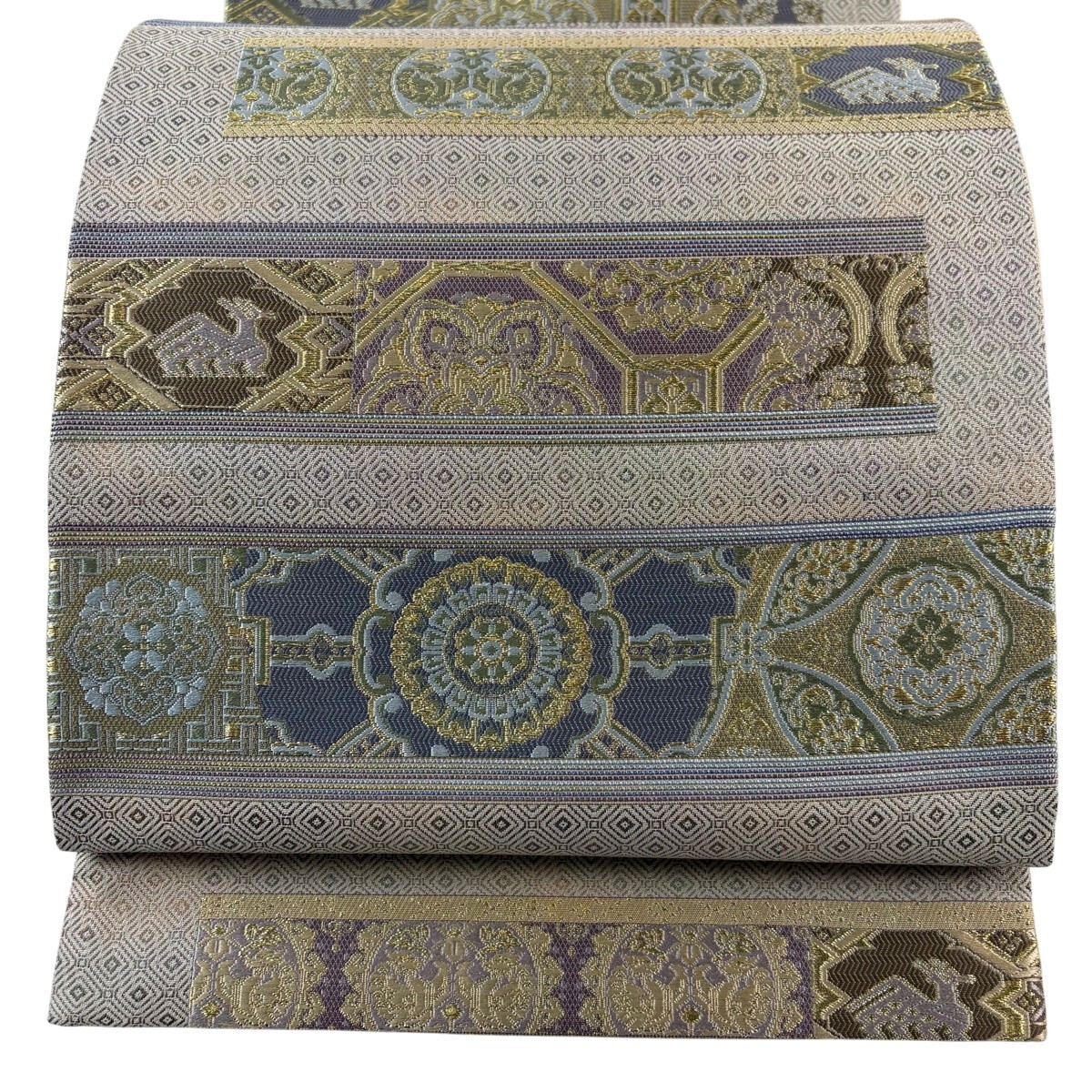 【美品】 袋帯 秀品 華文 有栖川 唐織 箔 灰茶 六通 正絹 【中古】