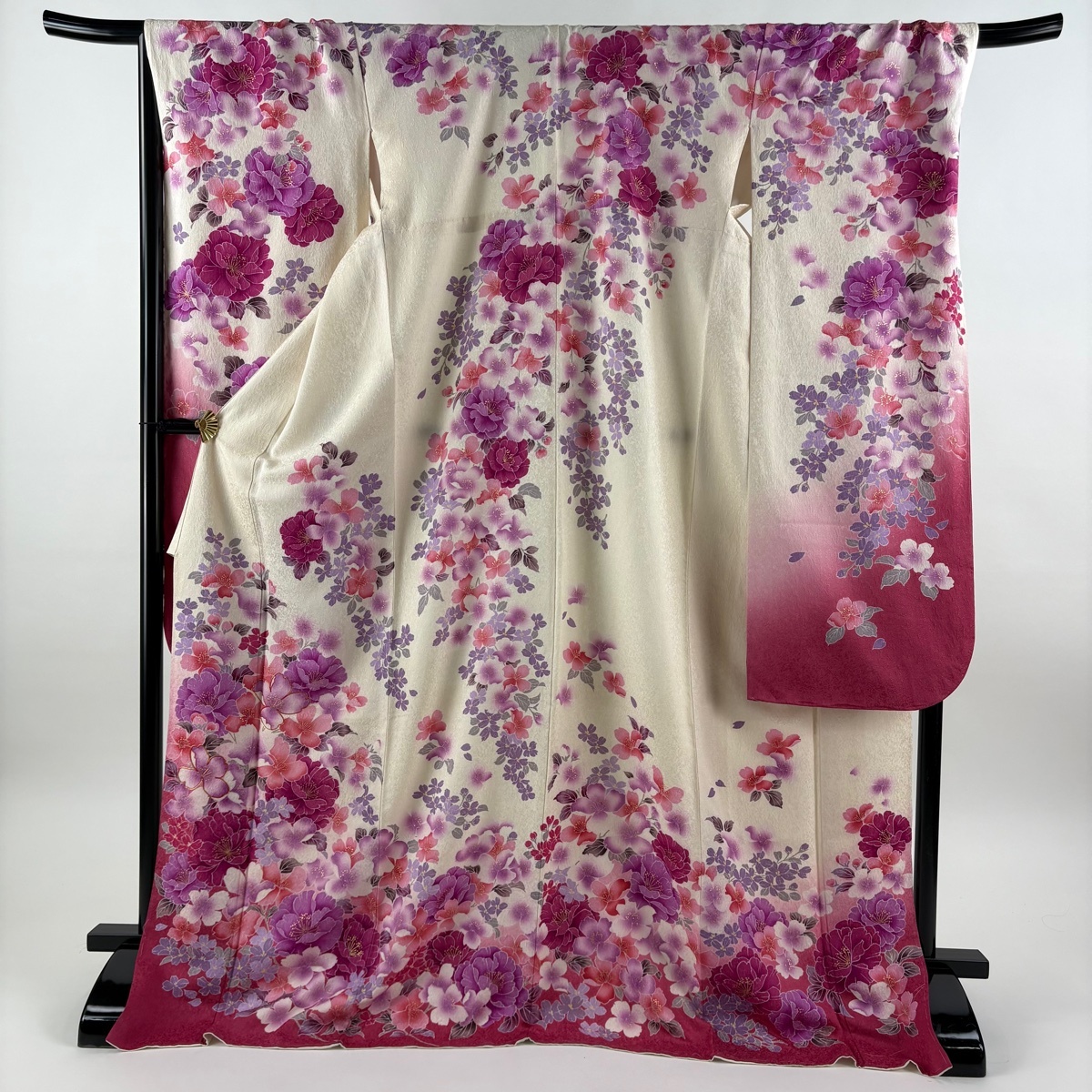 振袖 身丈176cm 裄丈70cm L 袷 草花 地紋 金通し 金彩 クリーム 正絹 逸品 【中古】
