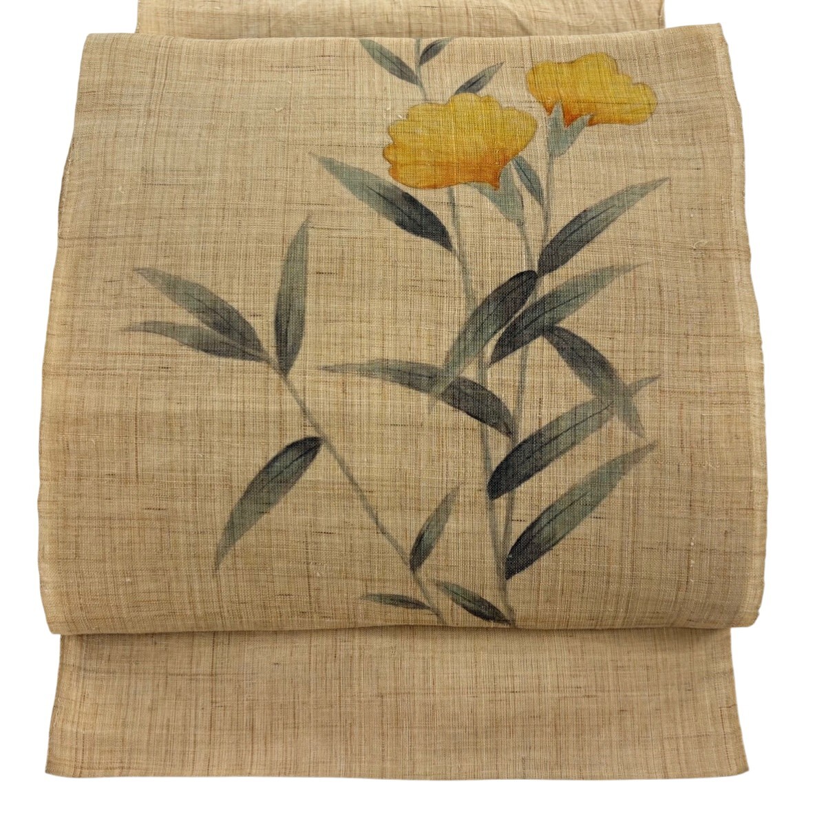 名古屋帯 秀品 夏帯 八寸名古屋帯 松葉仕立て トンネル仕立て 草花 薄茶色 麻 【中古】