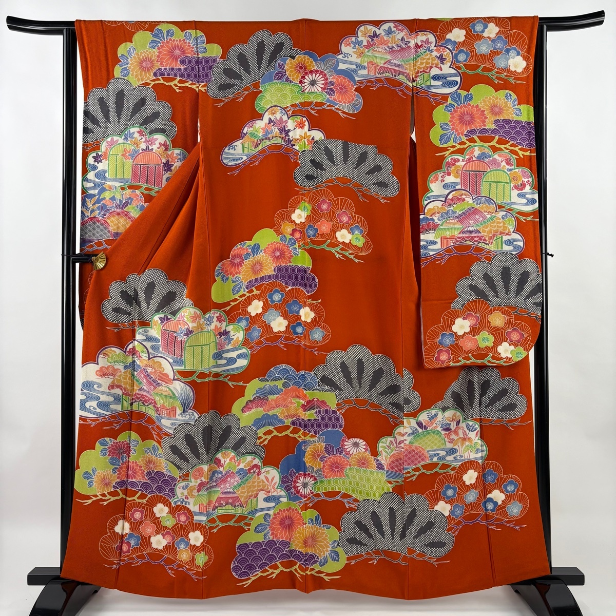 【美品】 振袖 身丈160cm 裄丈65.5cm M 袷 笠松 家屋 縮緬 オレンジ 正絹 秀品 【中古】