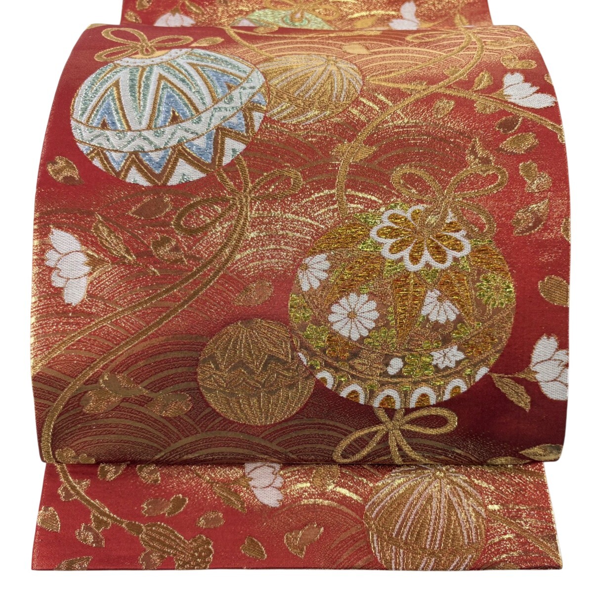 【美品】 袋帯 秀品 鈴 草花 金糸 箔 赤 全通 正絹 【中古】