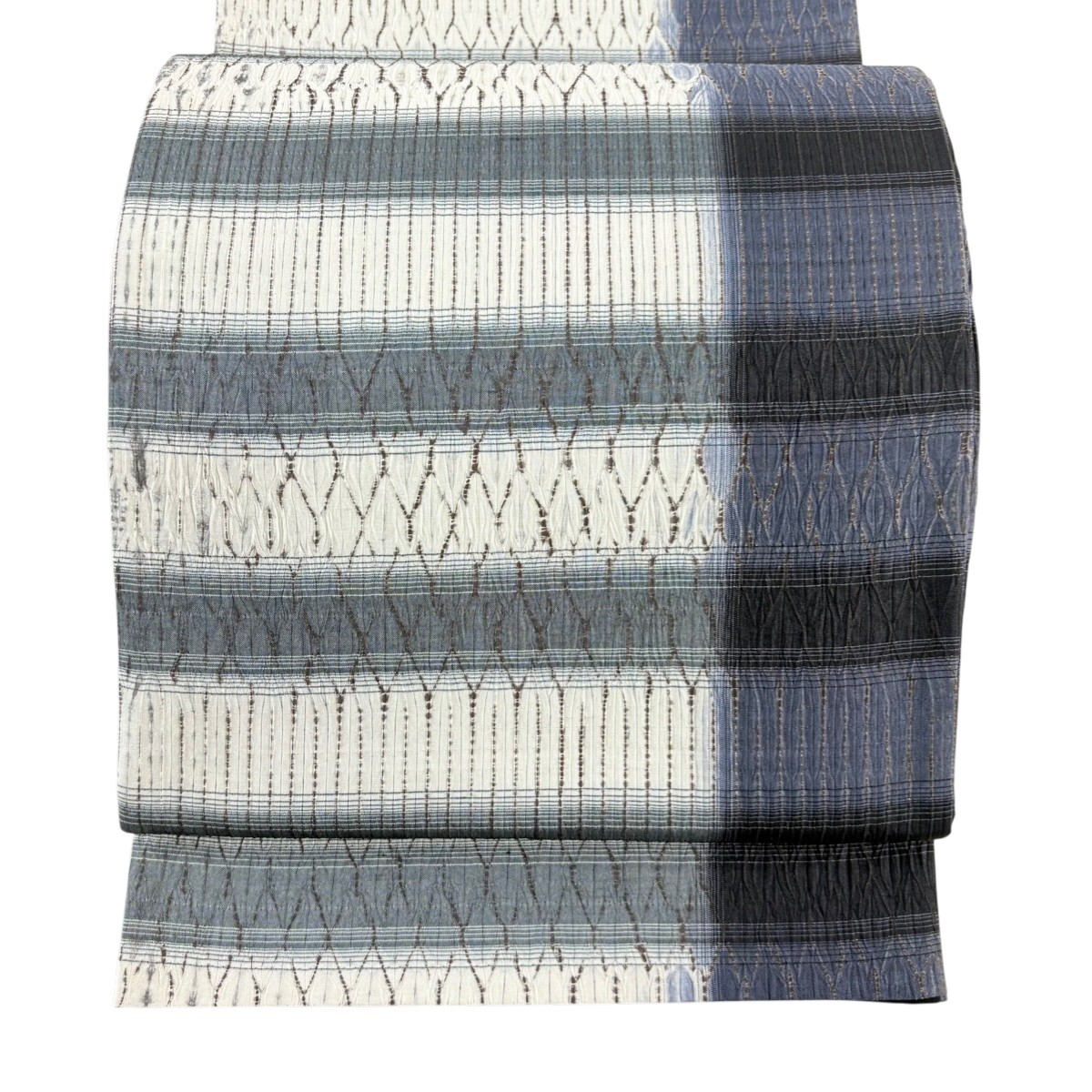 【美品】 袋帯 秀品 紬地 縞 幾何学模様 絞り 灰色 全通 正絹 【中古】