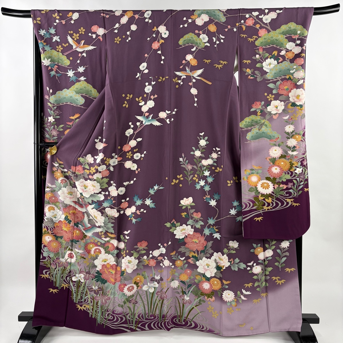 振袖 身丈164cm 裄丈69cm L 袷 牡丹 鳥 刺繍 箔 紫 正絹 名品 【中古】