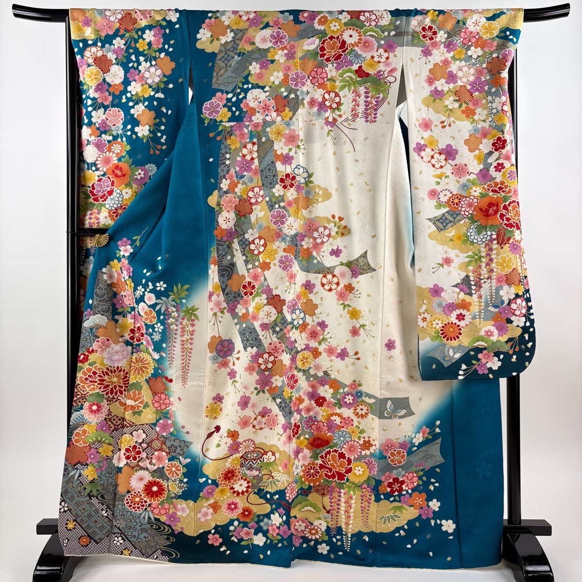 振袖 身丈168.5cm 裄丈66cm M 袷 菊 松竹梅 銀通し 金糸 青緑 正絹 逸品 【中古】