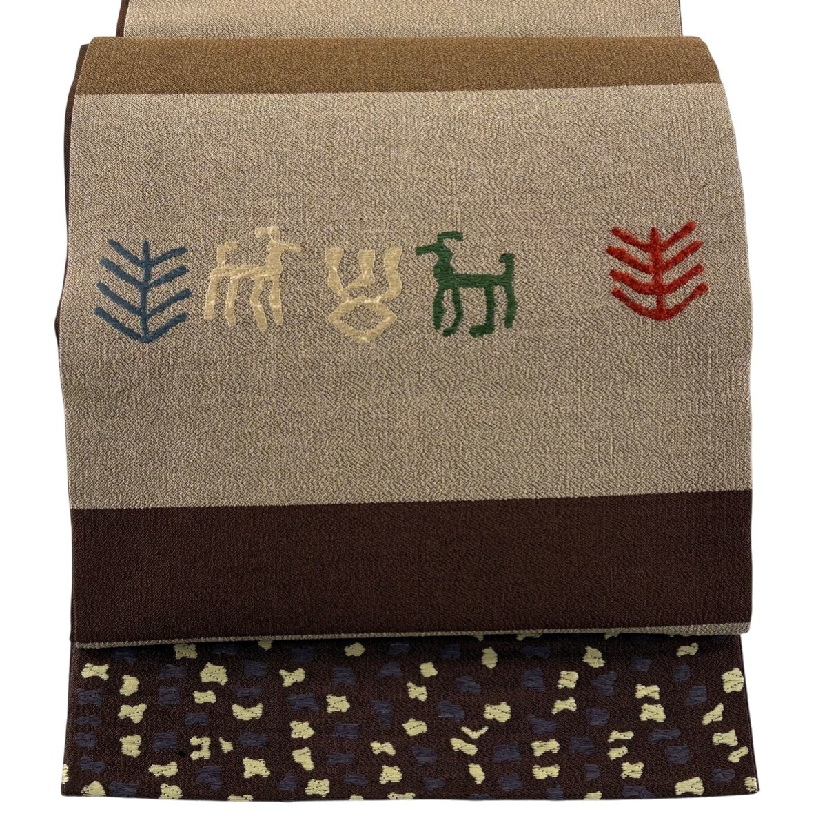 袋帯 逸品 洛風林 落款 段縞 幾何学 茶色 お太鼓柄 正絹 【中古】