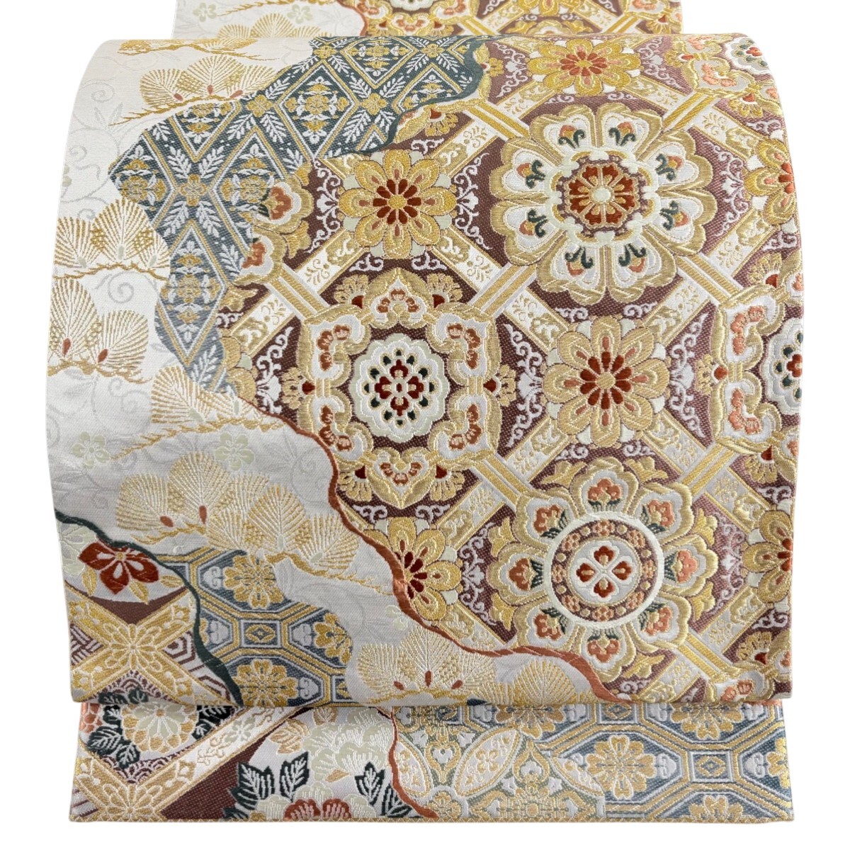 【美品】 袋帯 秀品 関西仕立て 華文 若松 金糸 箔 灰白 六通 正絹 【中古】