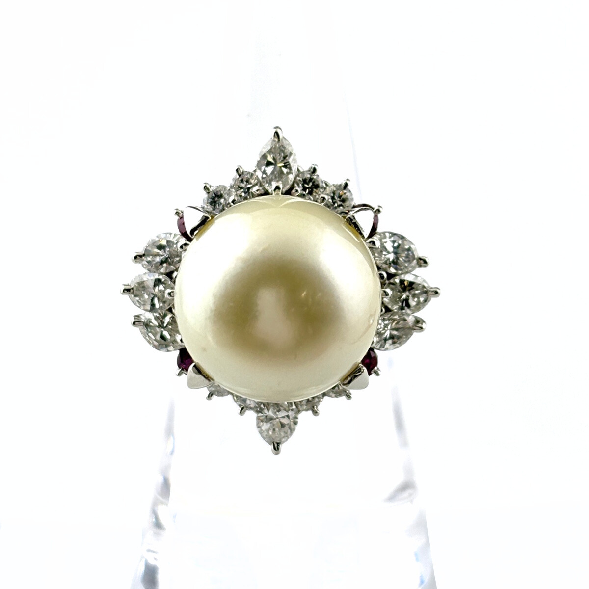 パール デザインリング プラチナ 指輪 メレダイヤ 真珠 ダイヤモンド リング 14号 Pt900 パール ルビー レディース 【中古】