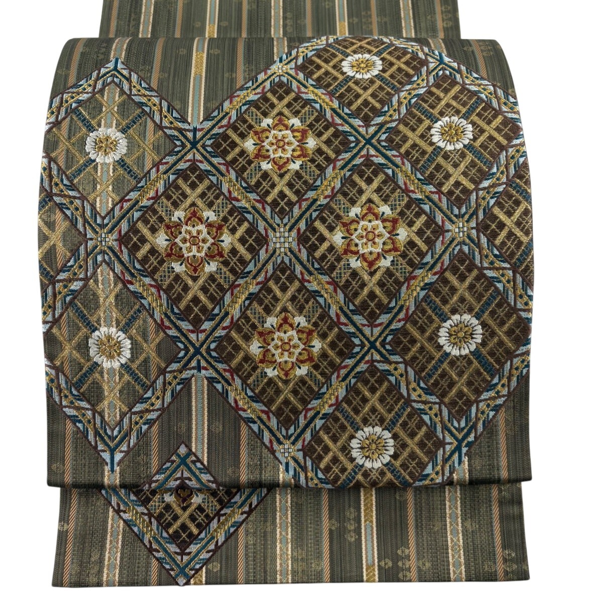 【美品】 袋帯 名品 縞 菱 金糸 箔 茶緑色 お太鼓柄 正絹 【中古】