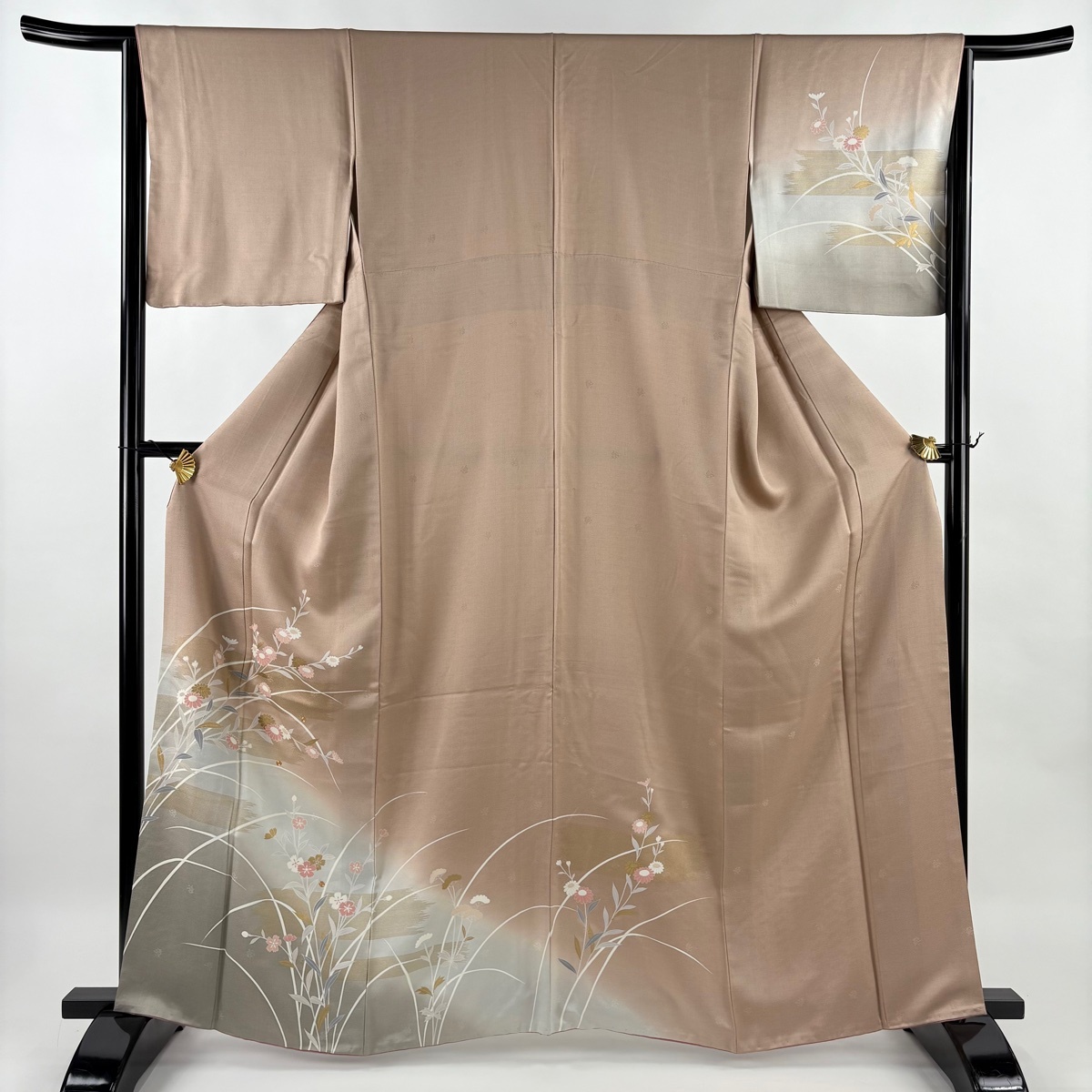 訪問着 身丈163cm 裄丈64.5cm M 袷 鈴乃屋 秋草 霞 金糸 金彩 薄小豆 正絹 秀品 【中古】