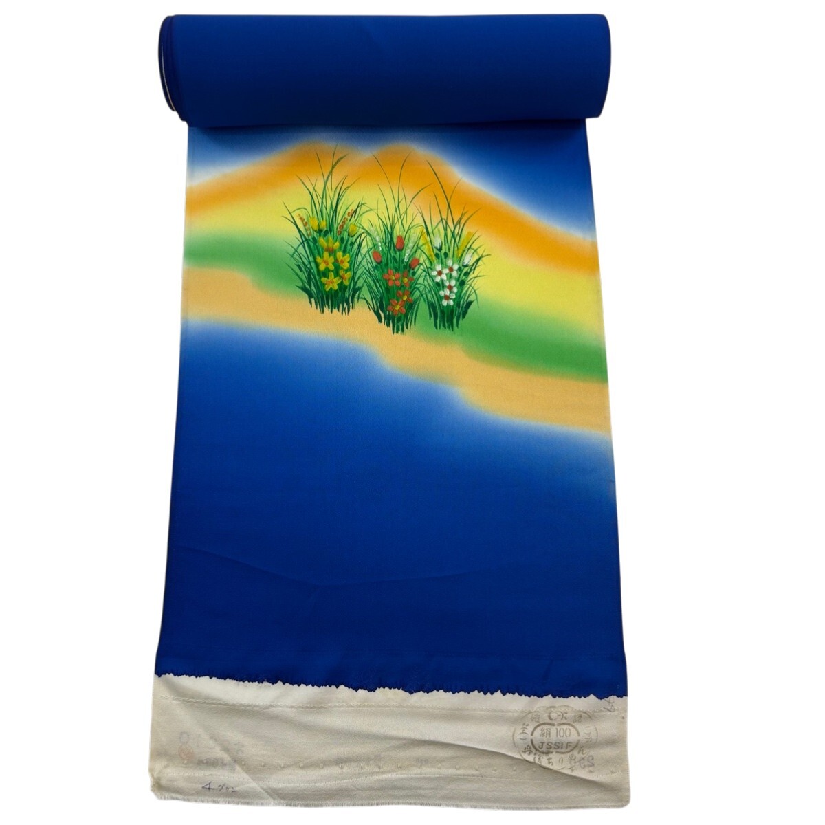 反物 秀品 付下げ 草花 霞 青 正絹 【中古】