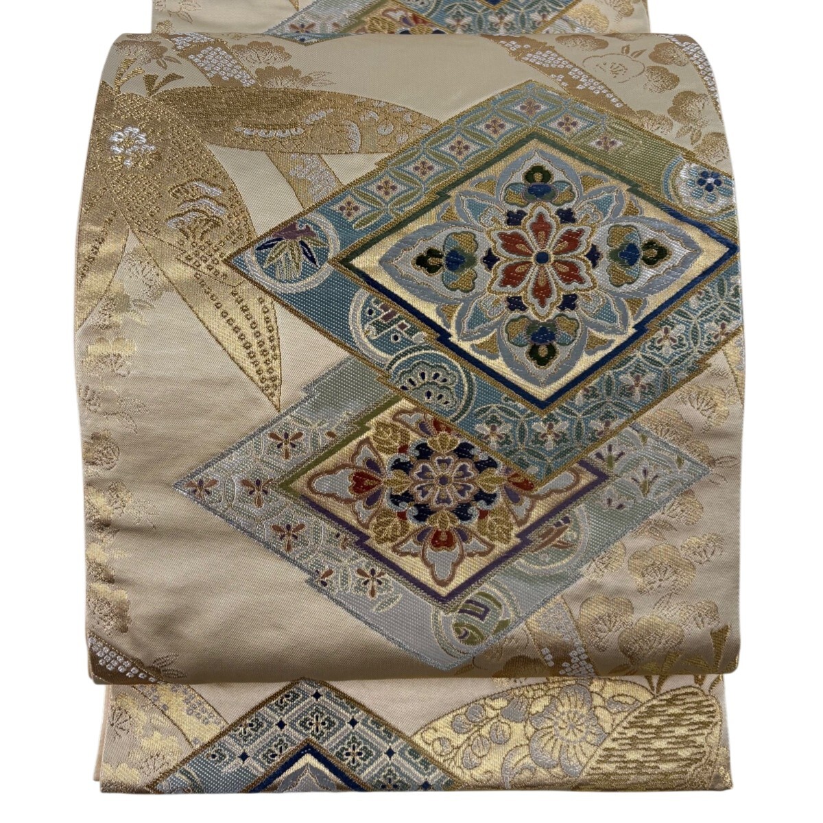 【美品】 袋帯 秀品 華文 松皮菱 金銀糸 箔 金色 六通 正絹 【中古】
