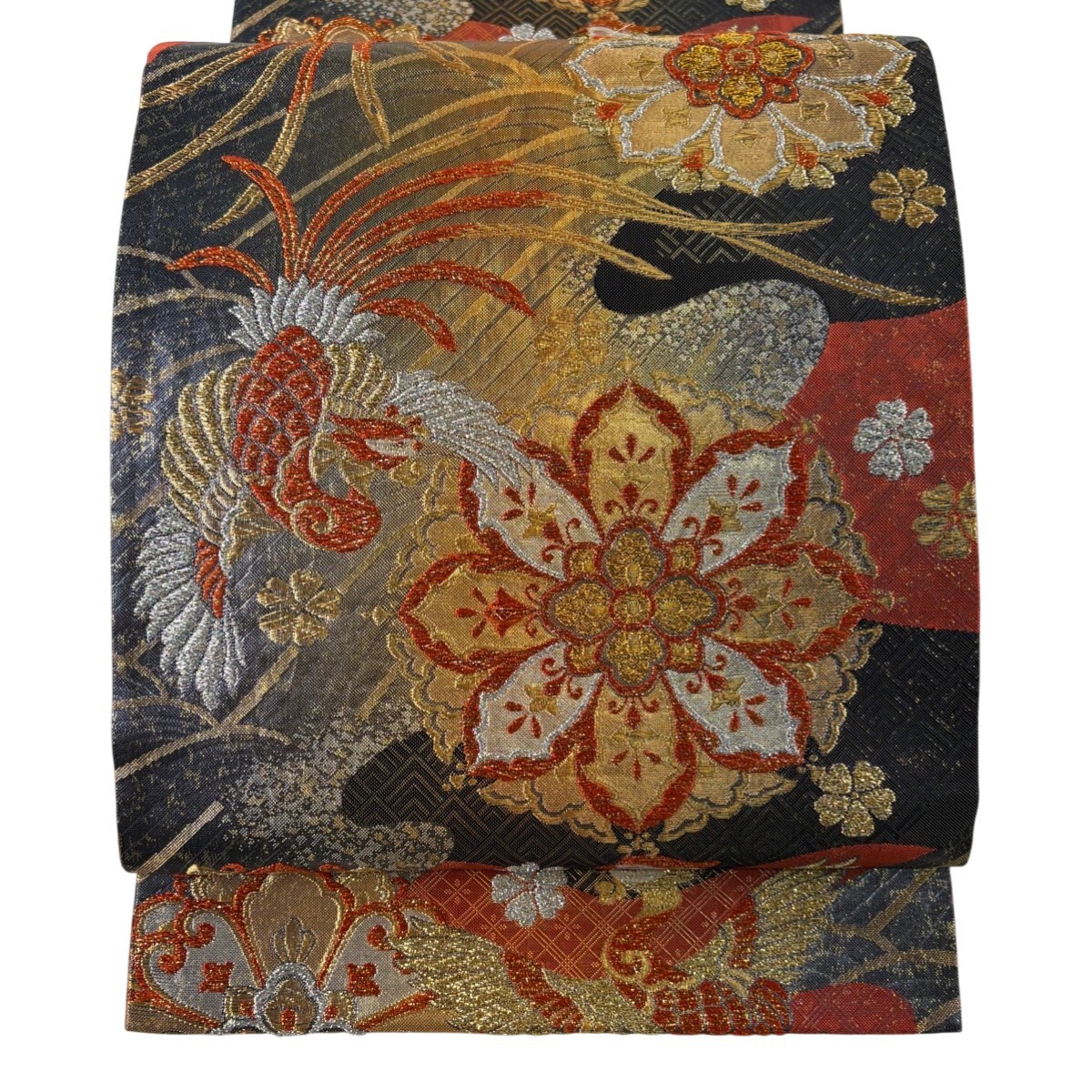 袋帯 秀品 尾長鳥 華文 箔 金銀糸 紺色 全通 正絹 【中古】