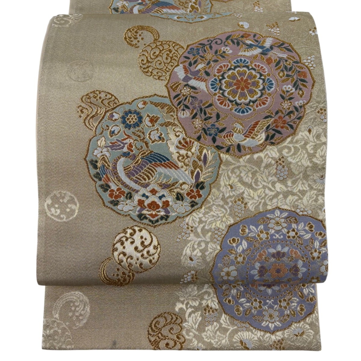 袋帯 秀品 花鳥 狩猟紋 金糸 箔 金色 六通 正絹 【中古】